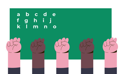 Teacher teaching kids different nationalities. Students hands. Flat vector illustration.