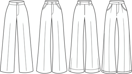 Wide leg pants, fashion flat sketch, technical cad drawing, trouser design, garment vector template, clothing illustration, fashion design blueprint