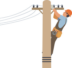 Vector illustration of lineman worker climbing utility pole repairing electrical wires, wearing safety helmet and harness, electricity maintenance power line technician