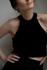 Close-Up of Black Halter Neckline. Detailed View of Elegant Black Halter Neckline in Casual Wear