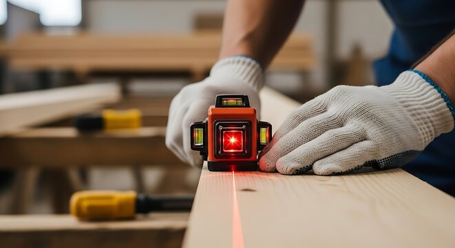 Worker uses laser level on wood construction woodworking