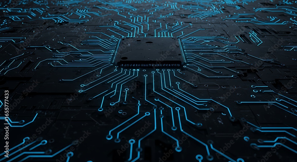 Poster glowing blue microchip and circuits on a dark computer motherboard. a futuristic concept of digital 