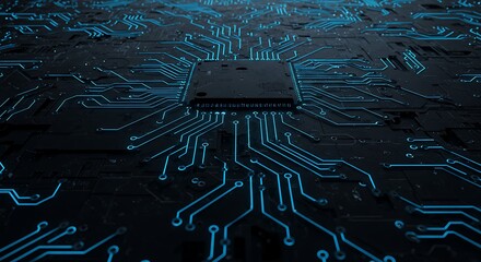 Glowing blue microchip and circuits on a dark computer motherboard. A futuristic concept of digital technology, data processing, and AI.