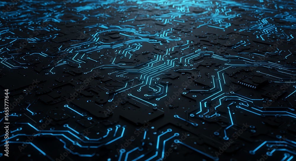 Poster futuristic motherboard with glowing blue digital pathways representing artificial intelligence and d