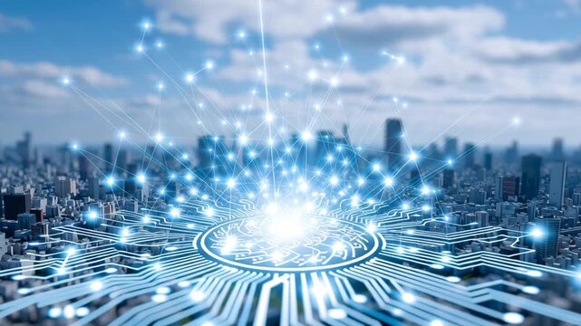 An automated network system powered by AI, with glowing nodes connecting automatically. Smart technology.