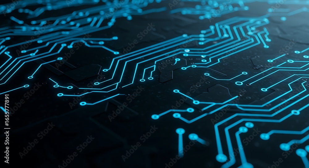 Poster futuristic electronic circuit board with glowing blue pathways representing data flow and technologi