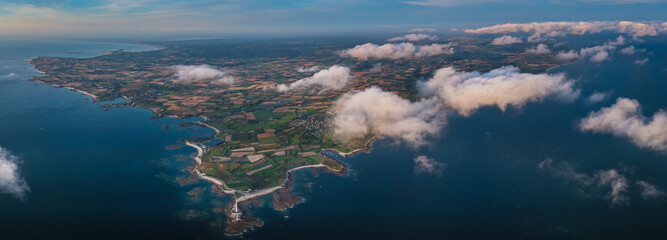 Aerial view Sunrise at the Gatteville Lighthouse in the Cotentin Peninsula in Normandy France
