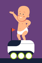 Autonomous robot delivering baby to customers. Humor concept. Flat vector illustration.