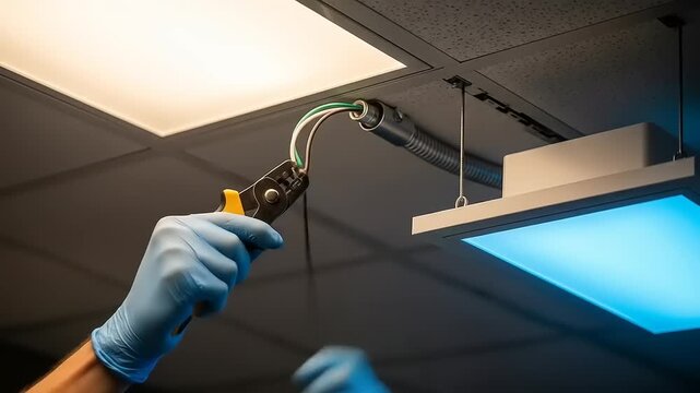 Electrician repairing lighting fixtures in a modern office, showcasing tools and overhead wiring - Powered by Adobe