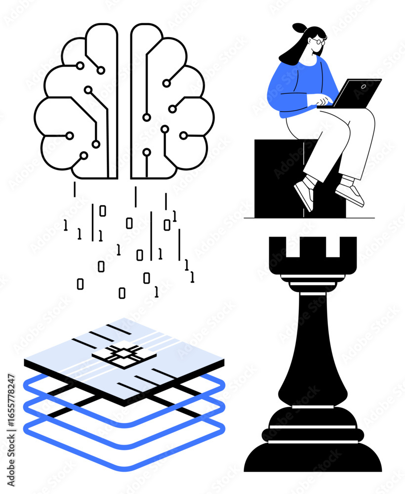 Poster brain with circuits and binary code, person working on laptop, 3d digital layers, chess rook. ideal 