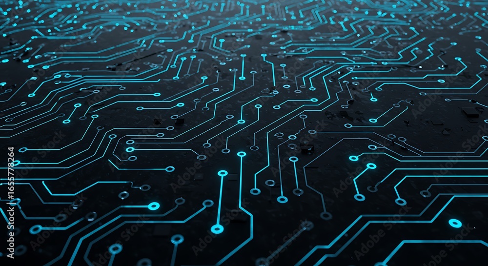 Poster futuristic glowing blue circuit board with intricate pathways symbolizing digital technology, data n