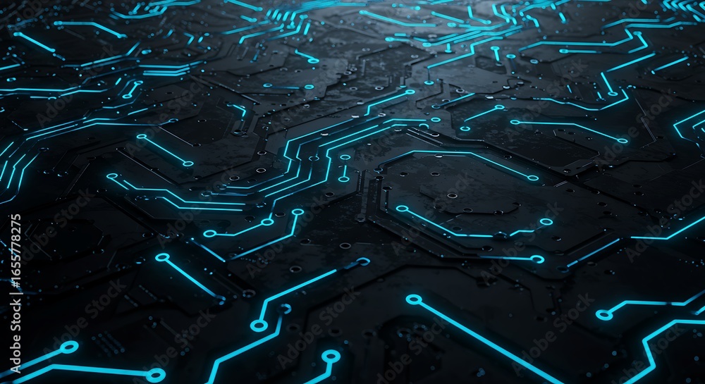 Aufkleber futuristic digital landscape with glowing blue circuit board pathways and data streams on a dark abs