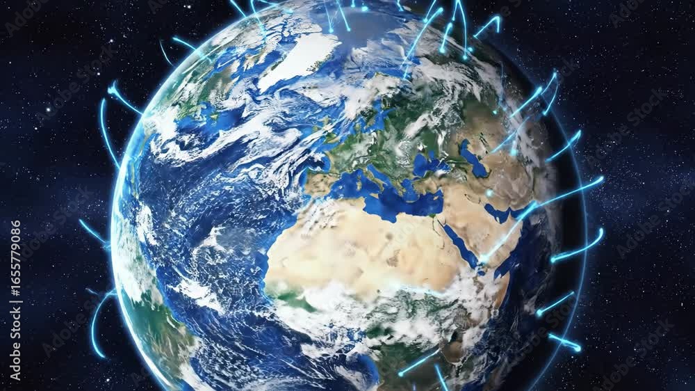 Aufkleber global network connection - a rotating earth with neon blue lines connecting various points, symboli