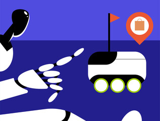 Autonomous robot delivering goods to customers and AI Chat Bot. Flat vector illustration.