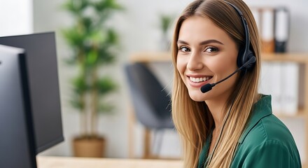 Smiling woman wearing headset in office computer