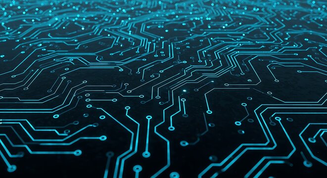 Intricate electronic circuit board with glowing blue pathways representing modern digital technology, data processing, and future innovation.