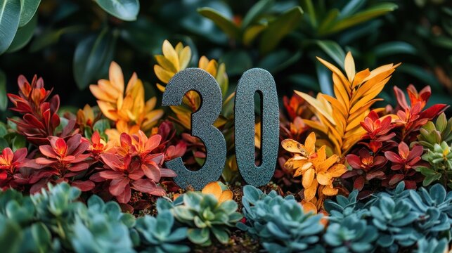 Number 30 amidst colorful succulents