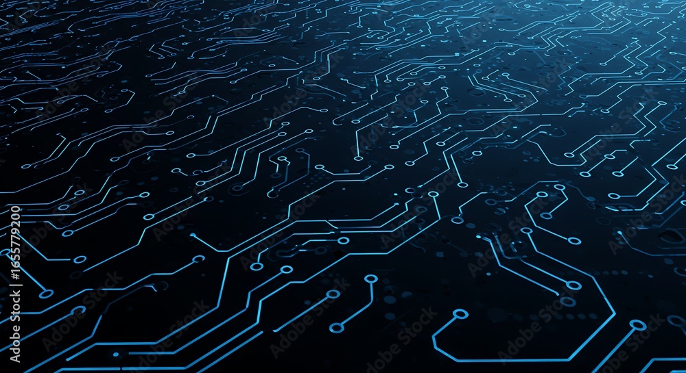 Poster futuristic glowing blue circuit board representing a complex data network and modern digital technol
