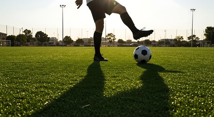 Soccer player kicking ball outdoors