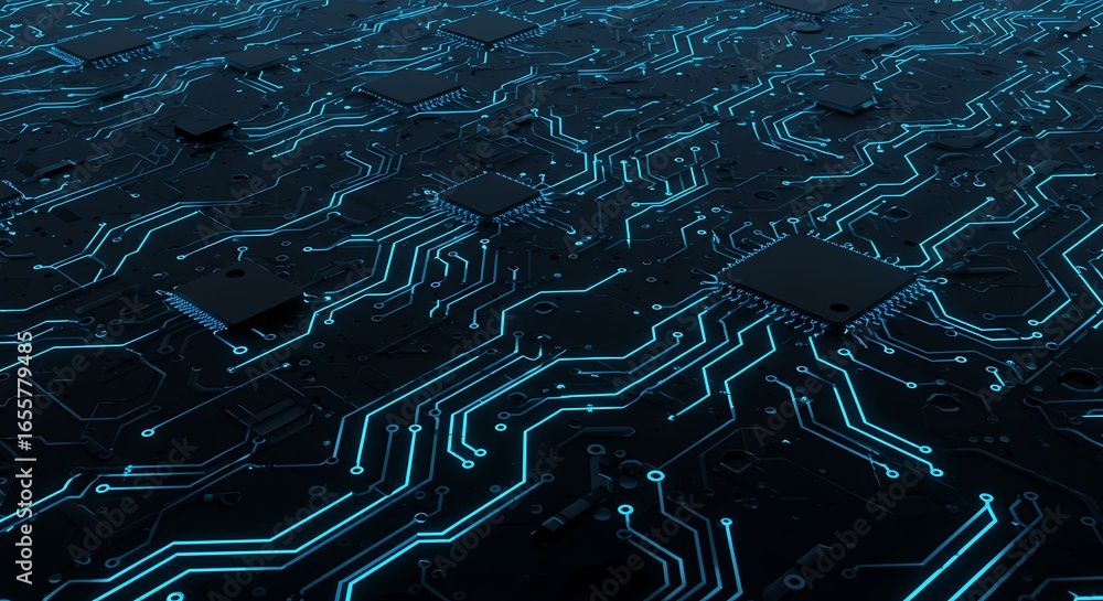 Poster advanced digital motherboard with glowing blue microchips and intricate electronic pathways represen