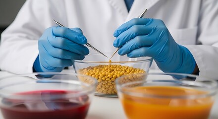 Scientist examining yellow seeds with tools laboratory