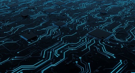 Advanced digital motherboard with glowing blue microchips and intricate electronic pathways representing data flow