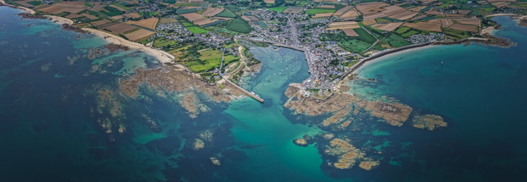 Aerial view of the Village of Barfleur in Normandy and the beautiful coastline of the Cotentin Peninsula 