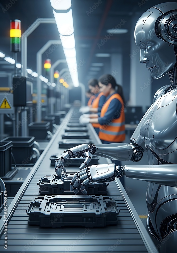 Aufkleber robotic assembly line with human workers android factory