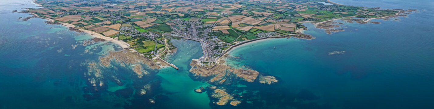 Aerial view of the Village of Barfleur in Normandy and the beautiful coastline of the Cotentin Peninsula 