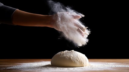 Dynamic shot of a hand sprinkling fine white flour over fresh dough on a rustic wooden surface against a dark backdrop.