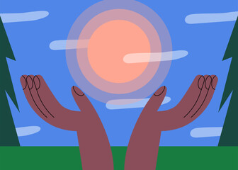 Wellness in nature. Black People hands engaging in digital detox, forest bathing, and enjoying urban green spaces for mental health. Flat Vector illustration.