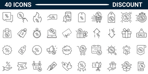 Discount line icon set. Includes label, price tag, coupon, sale promotion, offer, credit, and price card. Editable stroke. Vector illustration	