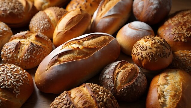 Abundant full frame view of diverse freshly baked golden artisan breads and seeded rolls.