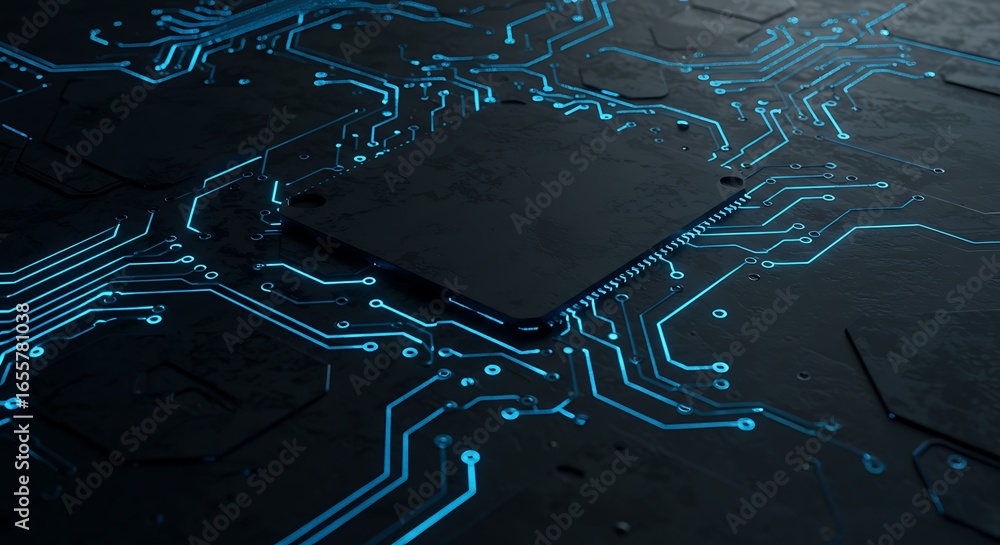 Poster close-up of a digital circuit board with illuminated pathways, representing advanced technology.