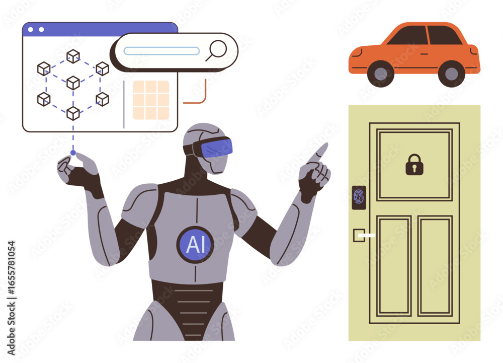 Poster ai robot using blockchain data and search interface alongside autonomous vehicle and smart home secu