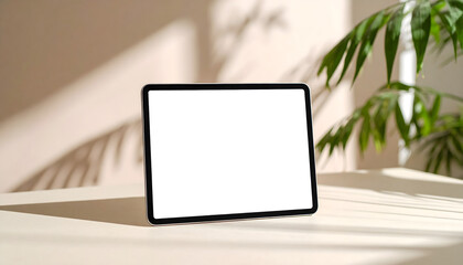 Fototapeta premium 植物の影が差し込む机の上に置かれた透過画面のタブレットのモックアップ