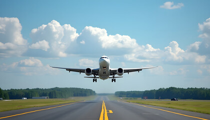 Naklejka premium An airplane soaring into the sky during takeoff, showcasing aviation and travel.