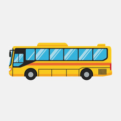 Yellow bus illustration with blue windows on a plain background.