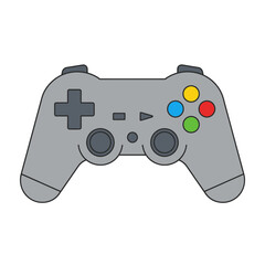 Gray game controller with colorful buttons on a white background.