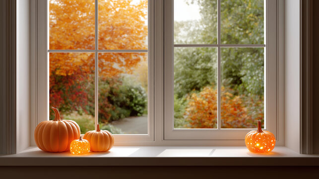 Beautiful autumn window scene with vibrant fall leaves cozy pumpkins colorful seasonal decor outdoor landscape natural light rustic harvest theme - Powered by Adobe