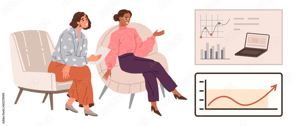 Poster two women seated in discussion, reviewing data from charts and graphs. laptop visible with analysis 