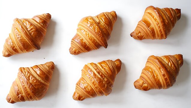 Overhead flat lay of six perfectly baked golden, flaky croissants symmetrically arranged on a clean white background.