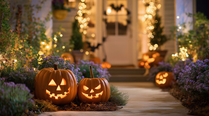 Obraz premium Festive Halloween outdoor scene featuring glowing pumpkins jack-o'-lanterns autumn decorations spooky lights and vibrant seasonal landscape for celebration