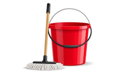 Red plastic bucket and mop.