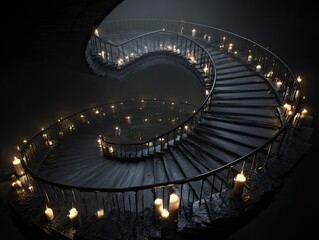 Obraz premium A massive spiral staircase ascends into a black void with no visible top, lit by candles along the rails, eerie and surreal