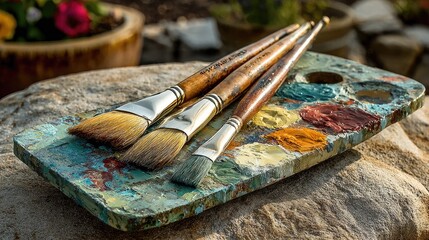 Three paintbrushes rest on a used palette sitting on a rock outdoors