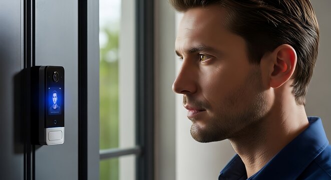 Man facing facial recognition device face technology