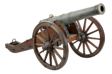 A historical artillery cannon mounted on a wooden wheeled carriage. The cannon has a long gray metal barrel and sits on a traditional two-wheeled gun carriage made of dark wood with spoked wheels.