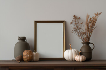 Elegant autumn-inspired home decor arrangement featuring neutral-toned vases pumpkins mirror and dried floral accents for stylish seasonal interior design