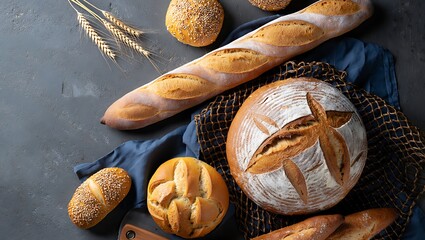Artisan fresh baked baguette, rustic round bread, and various rolls with wheat stalks and blue mesh bag on dark background.